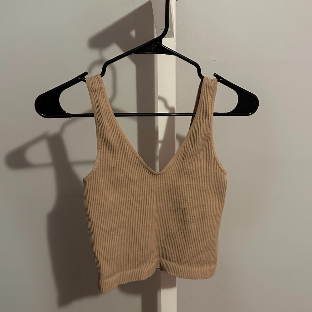 Brown Beige Fitted Ribbed Tank Top Crop Top